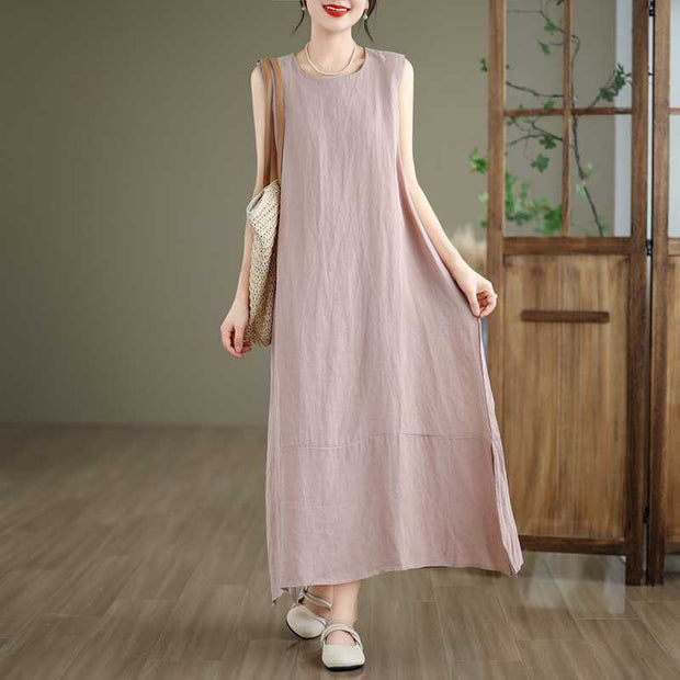 Buddha Stones Casual Spring Plain Irregular Sleeveless Cotton Linen Midi Dress With Pockets - image 19