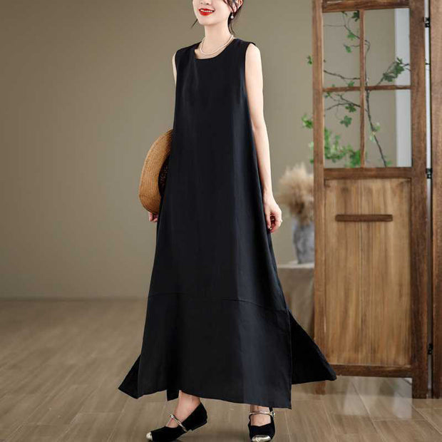 Buddha Stones Casual Spring Plain Irregular Sleeveless Cotton Linen Midi Dress With Pockets - image 11