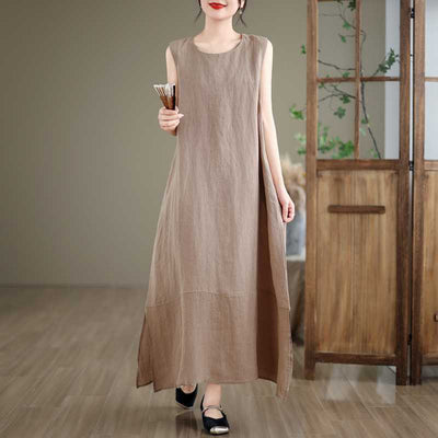Buddha Stones Casual Spring Plain Irregular Sleeveless Cotton Linen Midi Dress With Pockets - DarkKhaki - US8-10，UK/AU12-14，EU40-42 (2XL) - image 0
