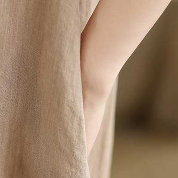 Buddha Stones Casual Spring Plain Irregular Sleeveless Cotton Linen Midi Dress With Pockets - image 8