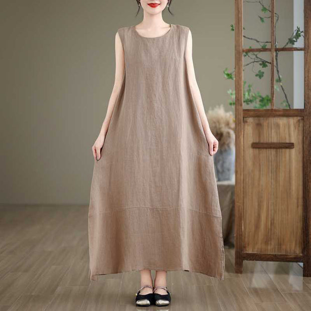 Buddha Stones Casual Spring Plain Irregular Sleeveless Cotton Linen Midi Dress With Pockets - image 2