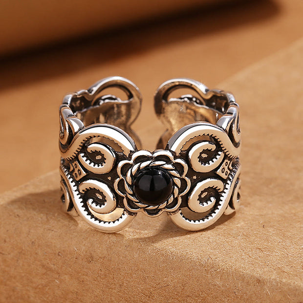 FREE Today: Fortune Support Black Onyx Copper Mongolian Pattern Adjustable Ring