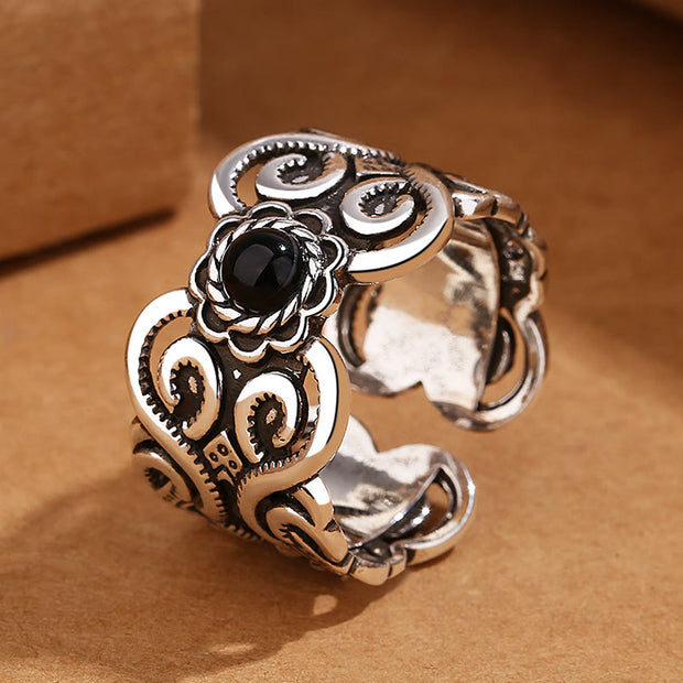 FREE Today: Fortune Support Black Onyx Copper Mongolian Pattern Adjustable Ring