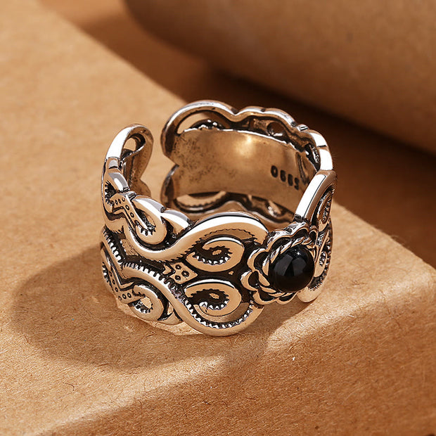 FREE Today: Fortune Support Black Onyx Copper Mongolian Pattern Adjustable Ring