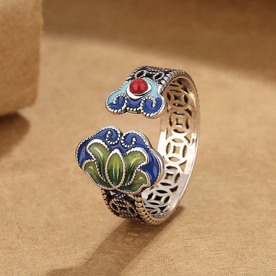 FREE Today: Enlightenment and New Beginning Lotus Flower Copper Coins Ruyi Handle Pattern Adjustable Ring