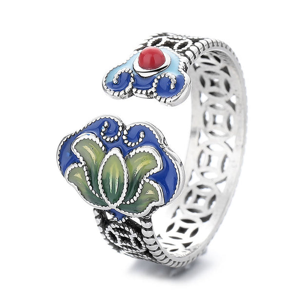 FREE Today: Enlightenment and New Beginning Lotus Flower Copper Coins Ruyi Handle Pattern Adjustable Ring