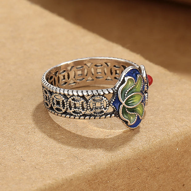 FREE Today: Enlightenment and New Beginning Lotus Flower Copper Coins Ruyi Handle Pattern Adjustable Ring