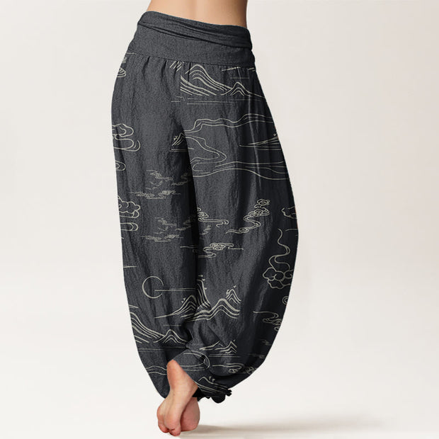 Buddha Stones Pure Cotton Mountain Moon Auspicious Clouds Pattern Women's Elastic Waist Harem Pants - image 1