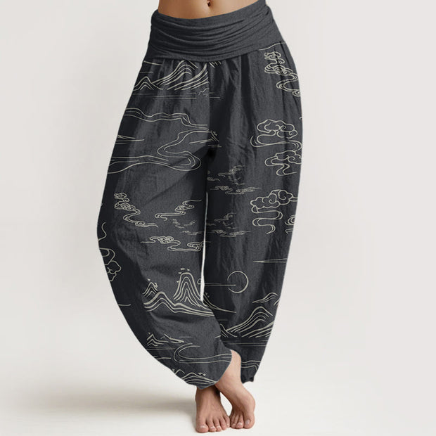 Buddha Stones Pure Cotton Mountain Moon Auspicious Clouds Pattern Women's Elastic Waist Harem Pants - LightSlateGray - US22，UK/AU26，EU54 (6XL) - image 0