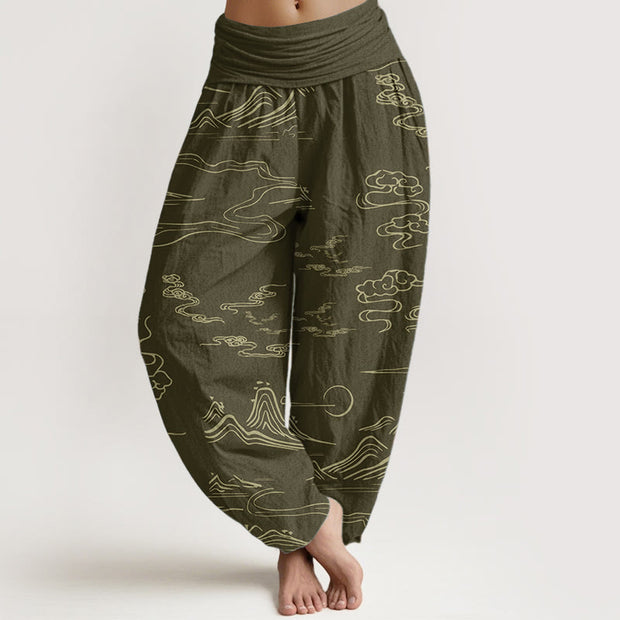 Buddha Stones Pure Cotton Mountain Moon Auspicious Clouds Pattern Women's Elastic Waist Harem Pants - DarkKhaki - US22，UK/AU26，EU54 (6XL) - image 11