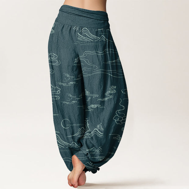Buddha Stones Pure Cotton Mountain Moon Auspicious Clouds Pattern Women's Elastic Waist Harem Pants - image 15