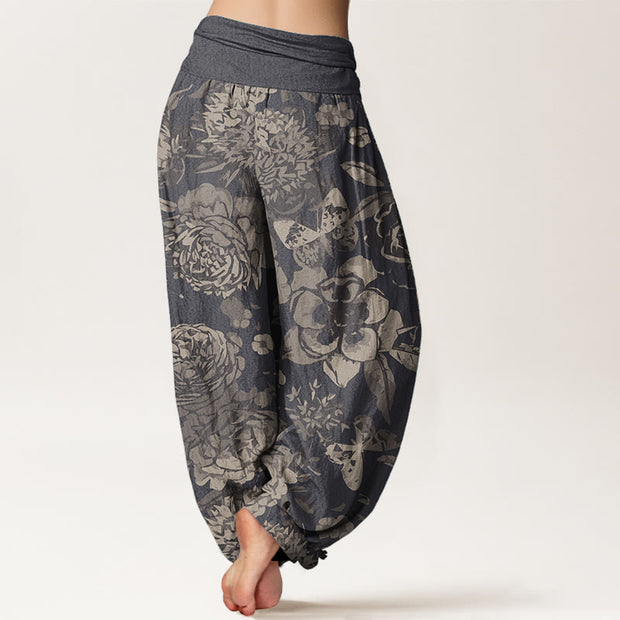 Buddha Stones Pure Cotton Casual Peony Flowers Leaves Women's Elastic Waist Harem Pants