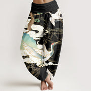Buddha Stones Pure Cotton Flying Cranes Auspicious Clouds Tree women's Elastic Waist Harem Pants