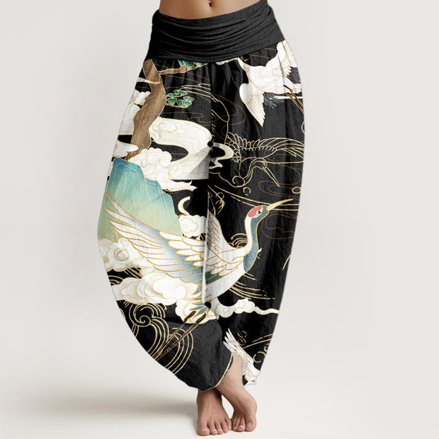 Buddha Stones Pure Cotton Flying Cranes Auspicious Clouds Tree women's Elastic Waist Harem Pants