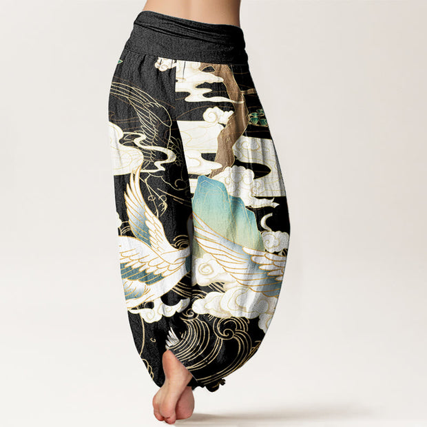 Buddha Stones Pure Cotton Flying Cranes Auspicious Clouds Tree women's Elastic Waist Harem Pants