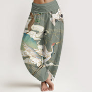 Buddha Stones Pure Cotton Flying Cranes Auspicious Clouds Tree women's Elastic Waist Harem Pants