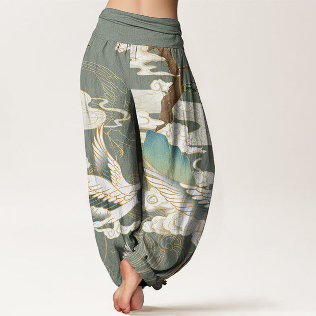 Buddha Stones Pure Cotton Flying Cranes Auspicious Clouds Tree women's Elastic Waist Harem Pants