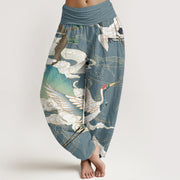 Buddha Stones Pure Cotton Flying Cranes Auspicious Clouds Tree women's Elastic Waist Harem Pants