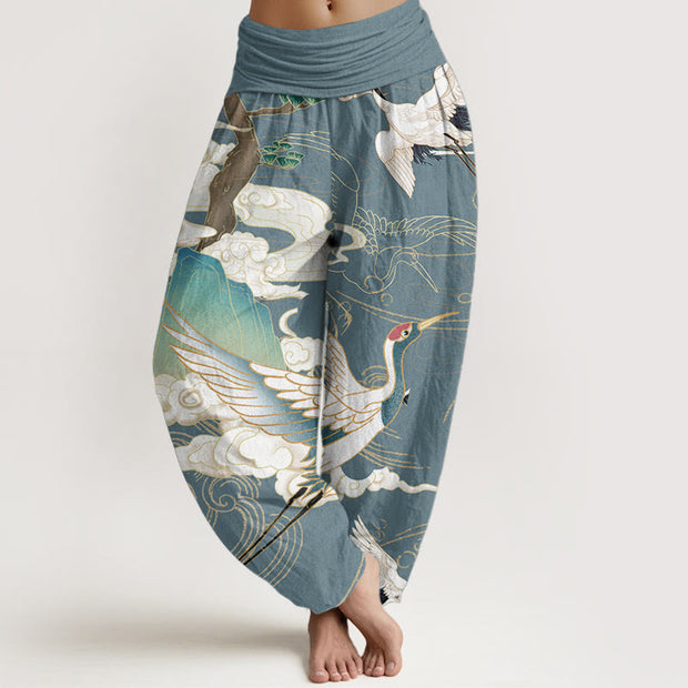 Buddha Stones Pure Cotton Flying Cranes Auspicious Clouds Tree women's Elastic Waist Harem Pants
