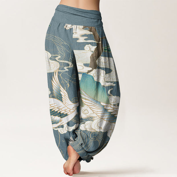 Buddha Stones Pure Cotton Flying Cranes Auspicious Clouds Tree women's Elastic Waist Harem Pants