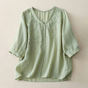 Buddha Stones Casual Shooting Star Embroidery V-Neck Half Sleeve Cotton Linen Women's Shirt
