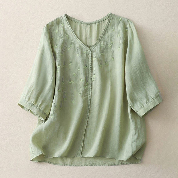 Buddha Stones Casual Shooting Star Embroidery V-Neck Half Sleeve Cotton Linen Women's Shirt