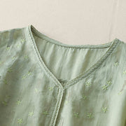 Buddha Stones Casual Shooting Star Embroidery V-Neck Half Sleeve Cotton Linen Women's Shirt