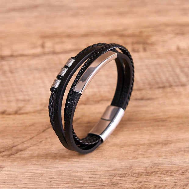 Buddha Stones Fashion Titanium Steel Leather Hand Woven Magnetic Buckle Strengthen Bracelet