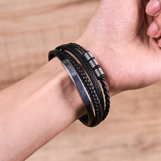 Buddha Stones Fashion Titanium Steel Leather Hand Woven Magnetic Buckle Strengthen Bracelet
