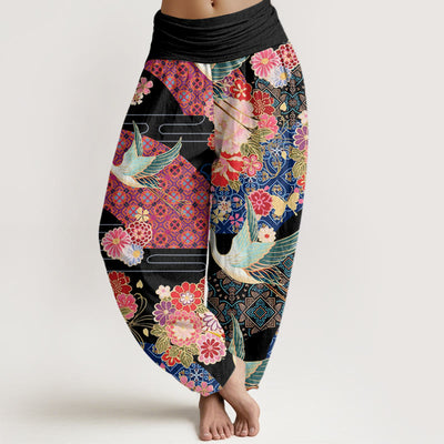Buddha Stones Crane Flower Pattern Women's Elastic Waist Harem Pants - Black - US22，UK/AU26，EU54 (6XL) - image 1