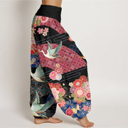 Buddha Stones Crane Flower Pattern Women's Elastic Waist Harem Pants - image 3