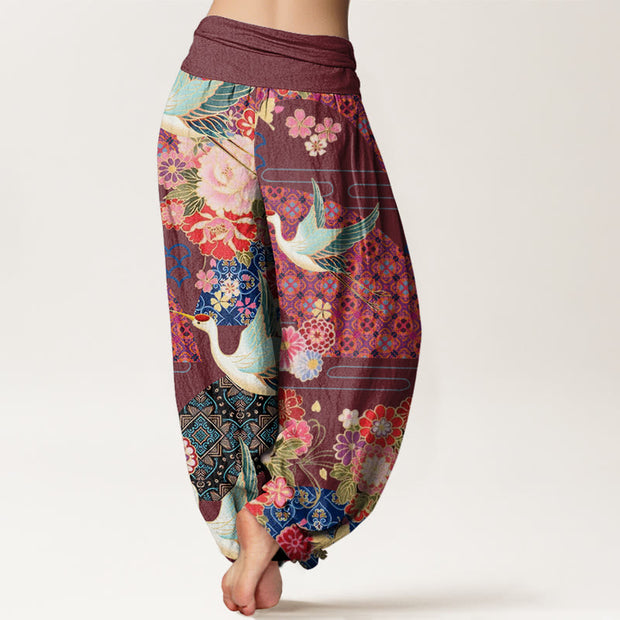 Buddha Stones Crane Flower Pattern Women's Elastic Waist Harem Pants - image 6