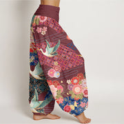 Buddha Stones Crane Flower Pattern Women's Elastic Waist Harem Pants - image 7