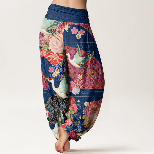 Buddha Stones Crane Flower Pattern Women's Elastic Waist Harem Pants - image 9