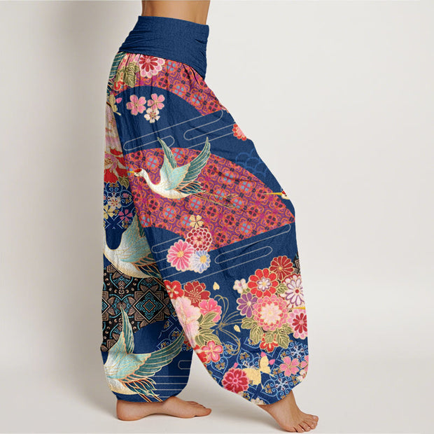 Buddha Stones Crane Flower Pattern Women's Elastic Waist Harem Pants - image 10