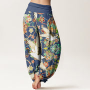 Buddha Stones Casual Crane Floral Geometric Pattern Elastic Waist Women's Harem Pants - image 2