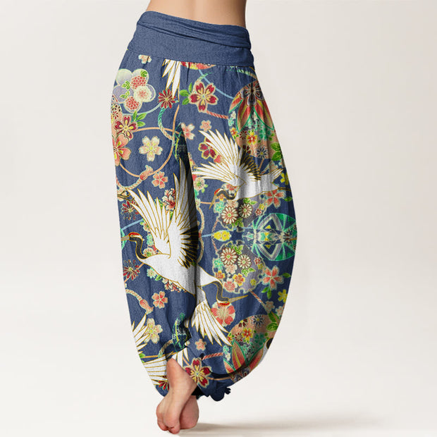Buddha Stones Casual Crane Floral Geometric Pattern Elastic Waist Women's Harem Pants - image 2