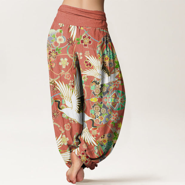 Buddha Stones Casual Crane Floral Geometric Pattern Elastic Waist Women's Harem Pants - image 6