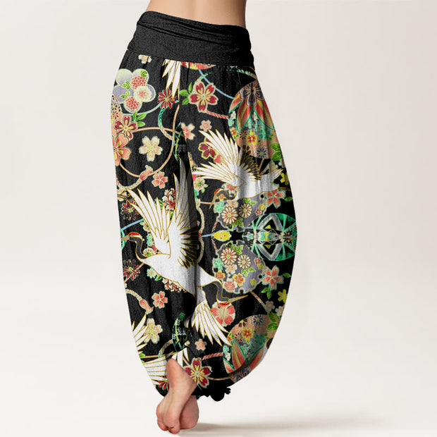 Buddha Stones Casual Crane Floral Geometric Pattern Elastic Waist Women's Harem Pants - image 9