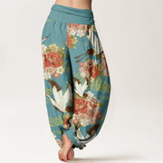 Buddha Stones Casual Crane Peony Cherry Blossom Pattern Elastic Waist Women's Harem Pants - image 2
