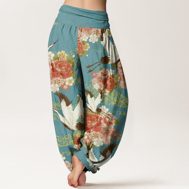 Buddha Stones Casual Crane Peony Cherry Blossom Pattern Elastic Waist Women's Harem Pants - image 2