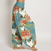 Buddha Stones Casual Crane Peony Cherry Blossom Pattern Elastic Waist Women's Harem Pants - image 3