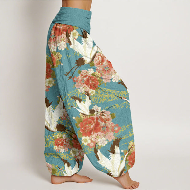 Buddha Stones Casual Crane Peony Cherry Blossom Pattern Elastic Waist Women's Harem Pants - image 3