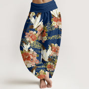 Buddha Stones Casual Crane Peony Cherry Blossom Pattern Elastic Waist Women's Harem Pants - DarkBlue - US22，UK/AU26，EU54 (6XL) - image 5