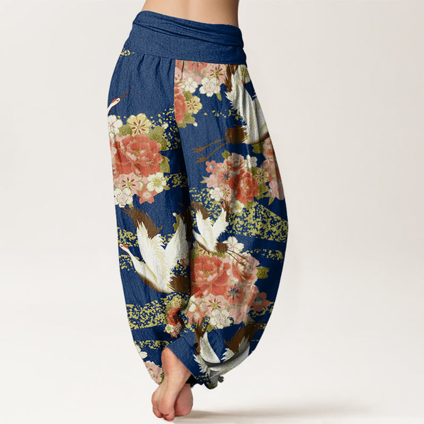 Buddha Stones Casual Crane Peony Cherry Blossom Pattern Elastic Waist Women's Harem Pants - image 6