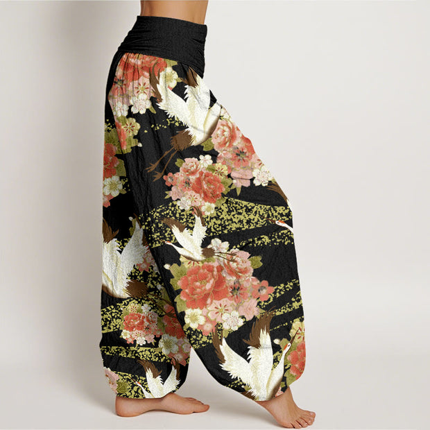 Buddha Stones Casual Crane Peony Cherry Blossom Pattern Elastic Waist Women's Harem Pants - image 10