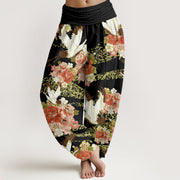 Buddha Stones Casual Crane Peony Cherry Blossom Pattern Elastic Waist Women's Harem Pants - Black - US22，UK/AU26，EU54 (6XL) - image 8