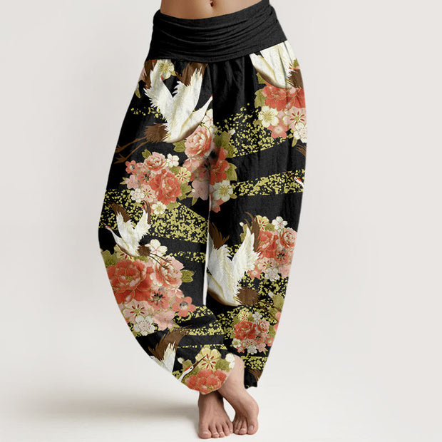Buddha Stones Casual Crane Peony Cherry Blossom Pattern Elastic Waist Women's Harem Pants - Black - US22，UK/AU26，EU54 (6XL) - image 8