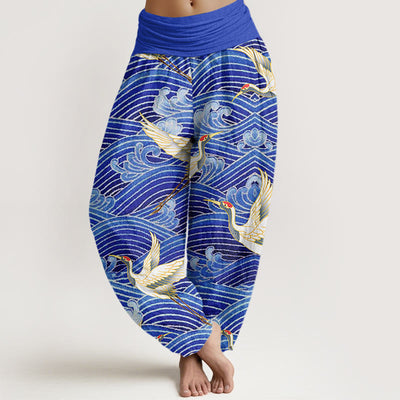 Buddha Stones Casual Crane Ocean Waves Pattern Elastic Waist Women's Harem Pants - SlateBlue - US22，UK/AU26，EU54 (6XL) - image 1