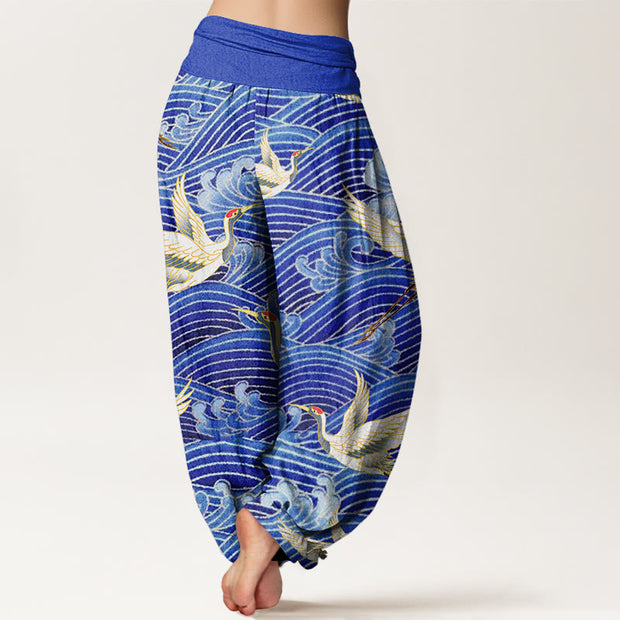 Buddha Stones Casual Crane Ocean Waves Pattern Elastic Waist Women's Harem Pants - image 2
